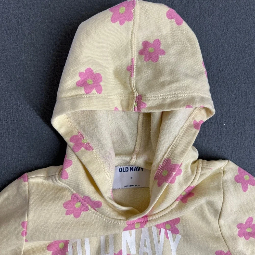Old Navy Hoodie Girls 2T Yellow Pink Floral Logo Fleece Pullover Sweatshirt